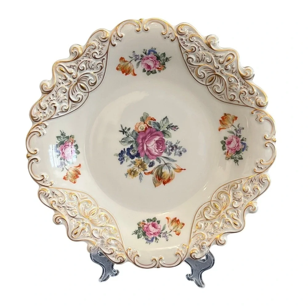 JLMenau Graf Von Henneberg Porcelain Floral Serving Plate Hand Enameled Germany